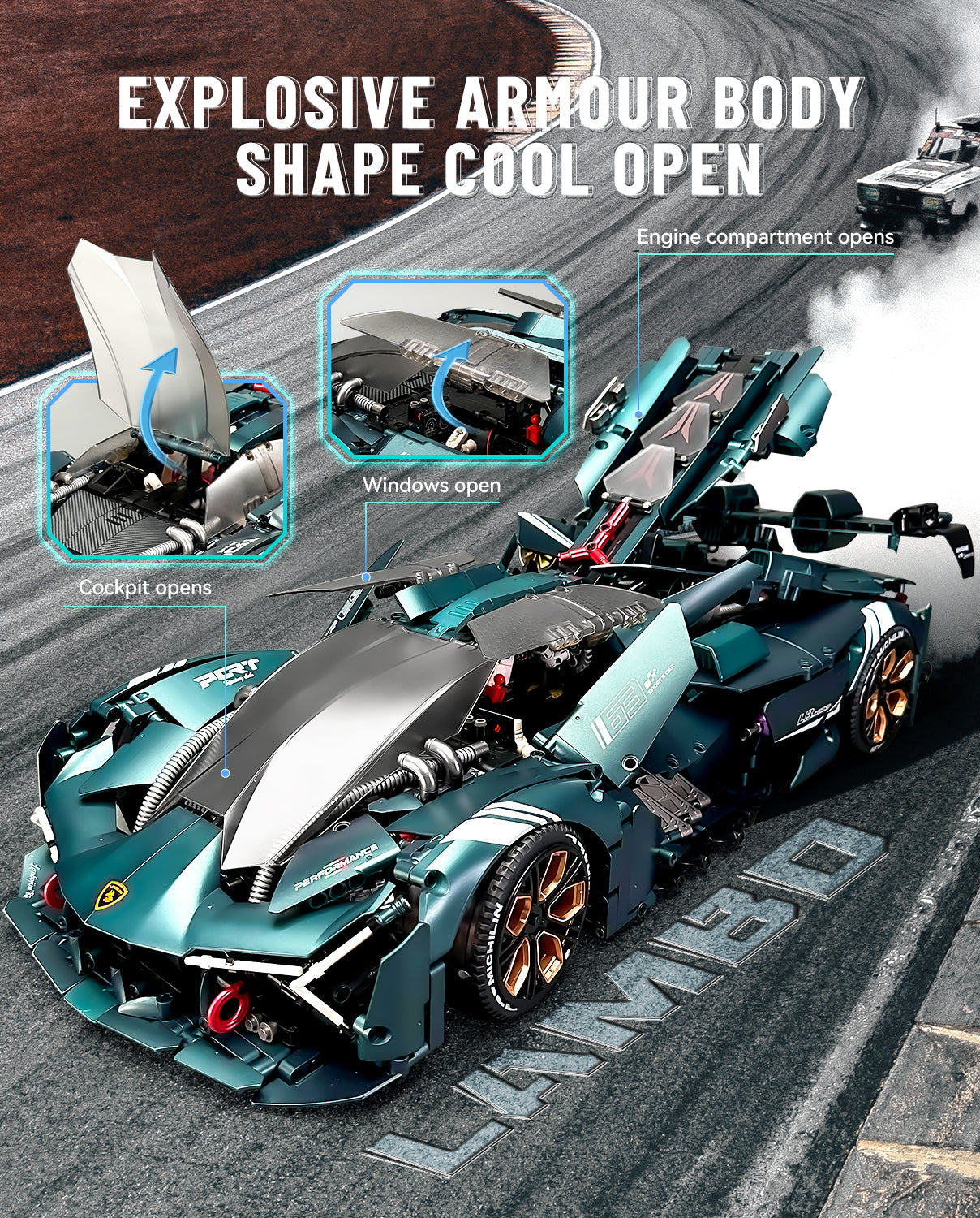 1: 8 Lamborghini TP90 Sports Car with Electric Suspension Lifting, Electric Doors Remote Control Model (3492 Pcs) - BAV BRICK