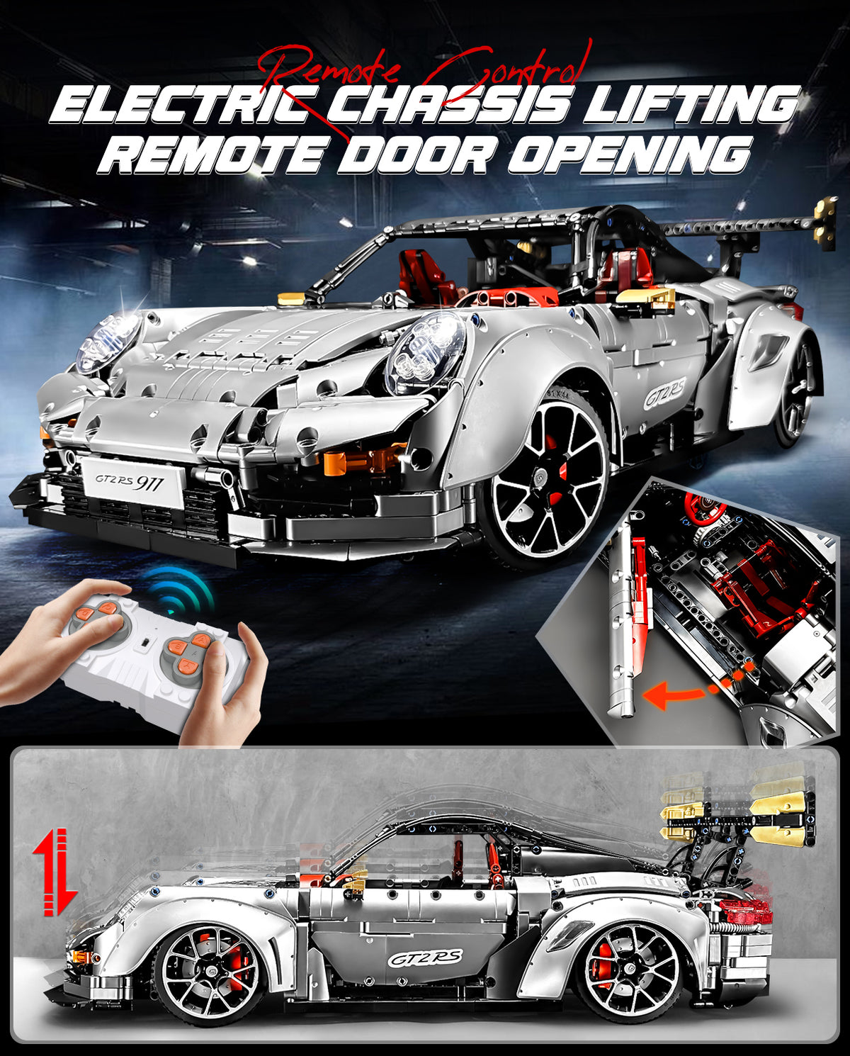 1:8 Sliver Porsche GT2 RS with Electric Suspension Lifting, Electric D ...