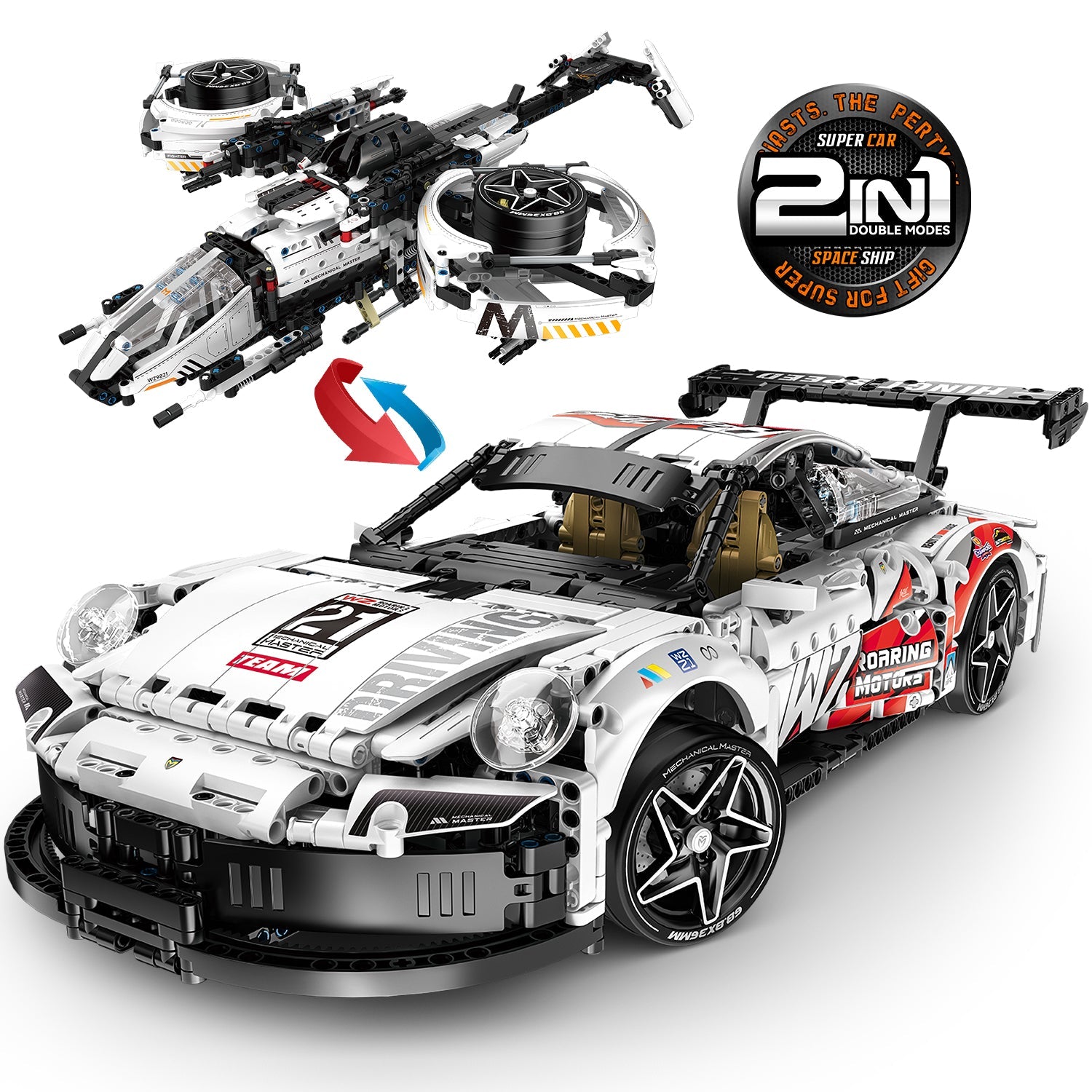 2 in 1 Porsche 911 Building Set and Star Space Fighter Building Set, Remote Control, 1860Pcs - BAV BRICK